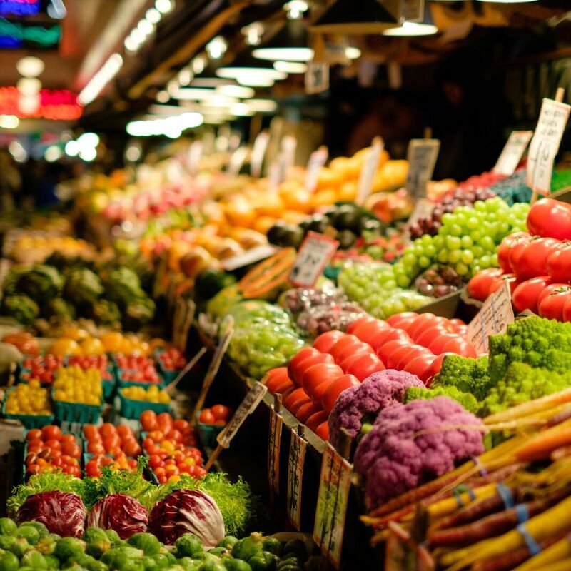 Colorful farm vegetable and fruit stall