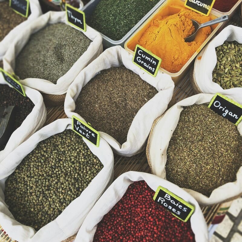 Aromatic ground spices in sacks